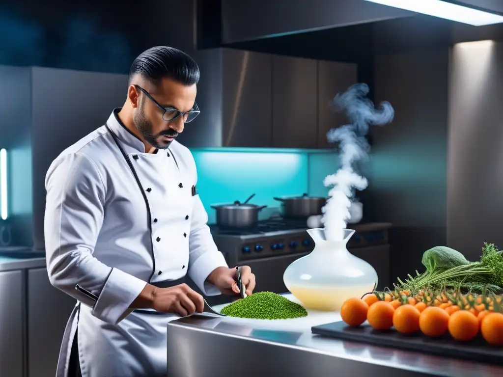 Un chef vegano experimenta en gastronomía vegana con herramientas de alta tecnología en un laboratorio futurista