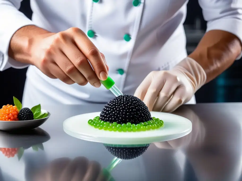 Chef vegano experimentando con gastronomía vegana: creando perlas de caviar vegetal con precisión y creatividad