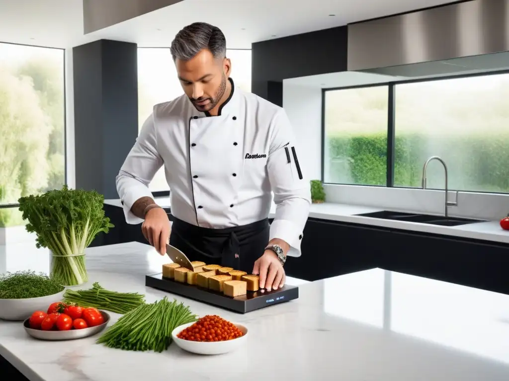 Un chef vegano prepara recetas de cocción baja temperatura en una cocina moderna y vibrante