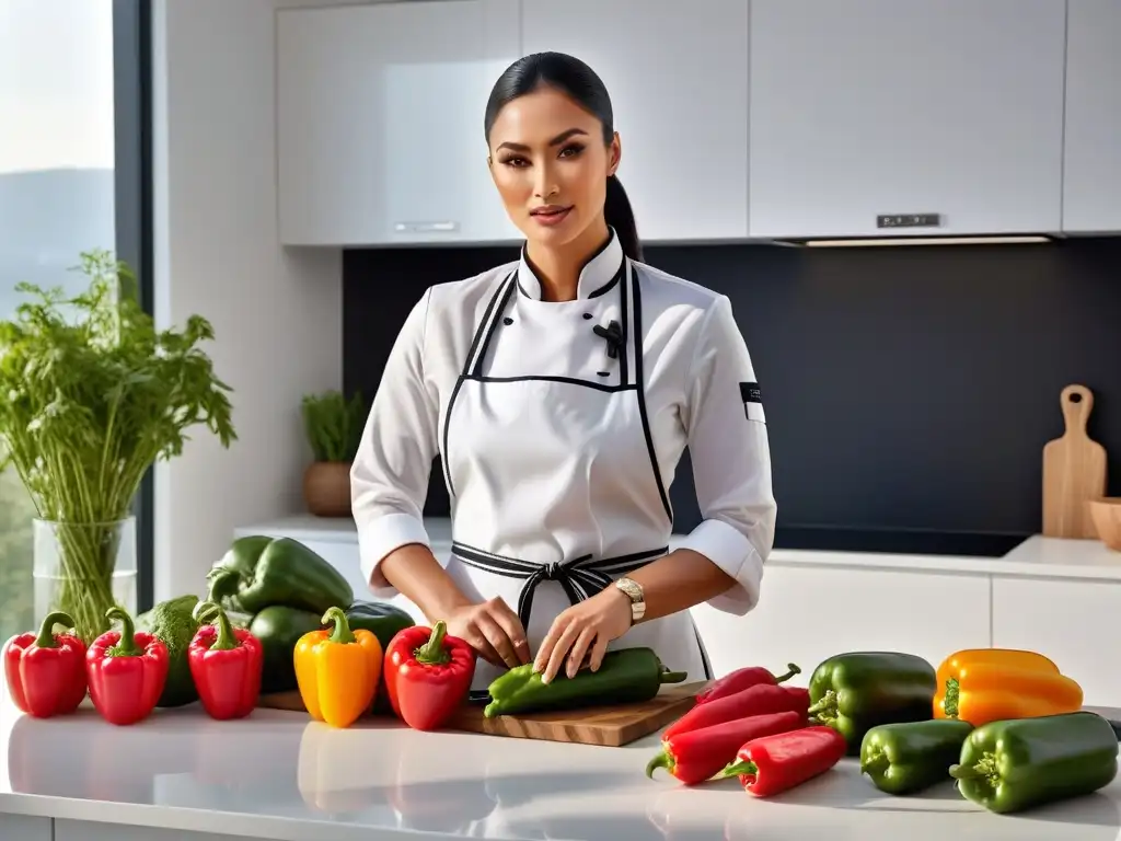 Un chef vegano en su taller de cocina, cortando verduras frescas en una cocina moderna y llena de color