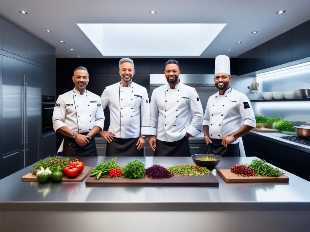 Chef veganos internacionales preparando recetas veganas en cocina futurista