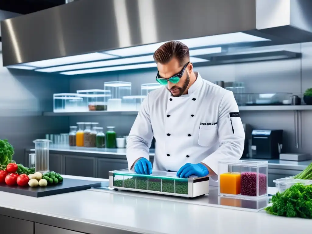 Un chef veganos experimentando química culinaria en laboratorio moderno