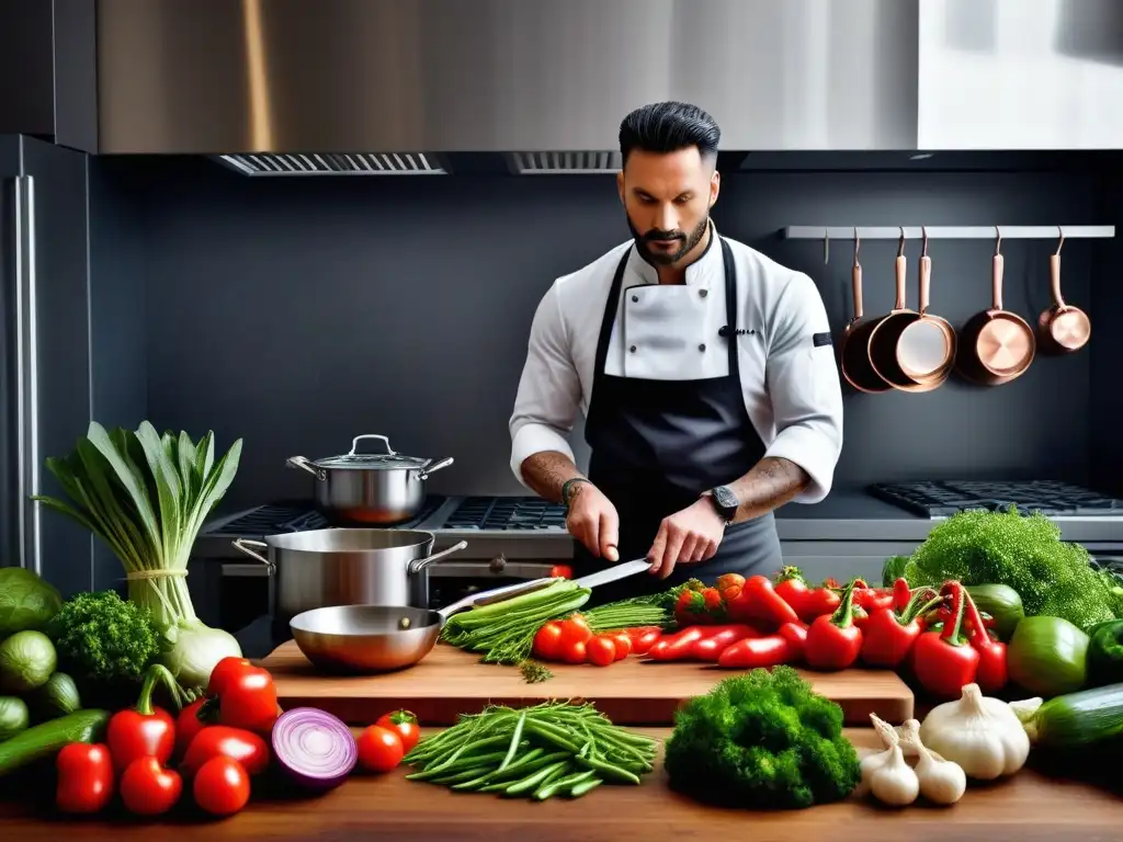 Un chef cortando vegetales en una cocina vegana con utensilios de acero inoxidable, encimeras de mármol y verduras frescas