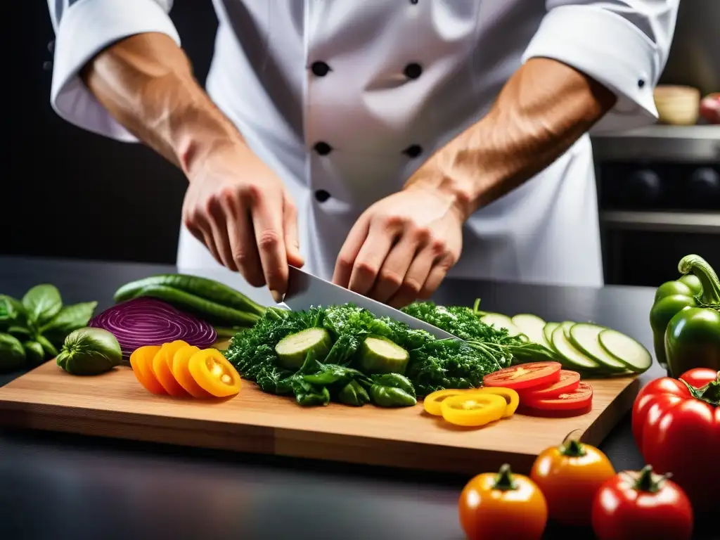 Un chef cortando vegetales coloridos para una receta vegana, destreza y frescura en cocina