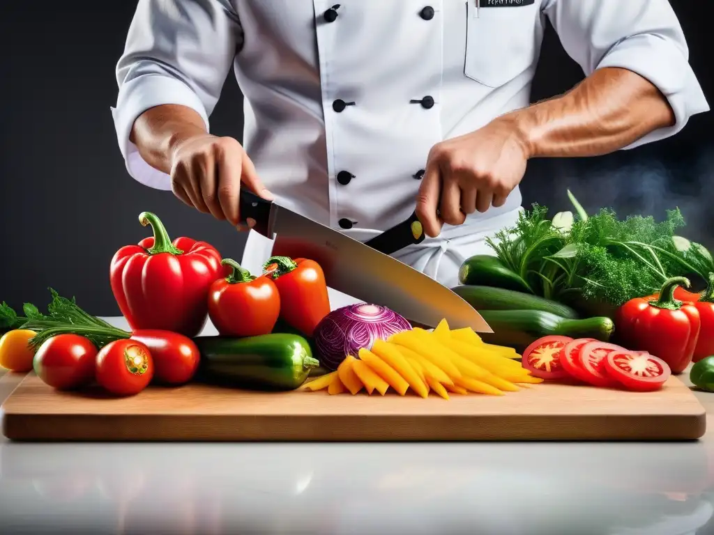 Un chef cortando vegetales con técnicas expertas para cocina vegana