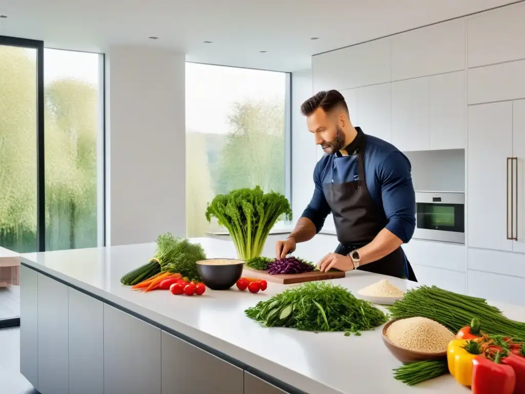 Un chef cortando verduras en una cocina moderna con estilo vegano eslavo