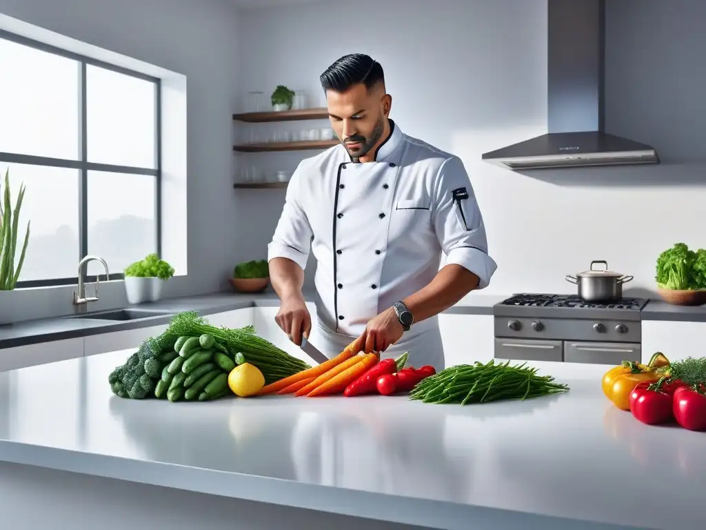 Un chef cortando verduras coloridas en una cocina moderna con técnicas innovadoras cocina vegana