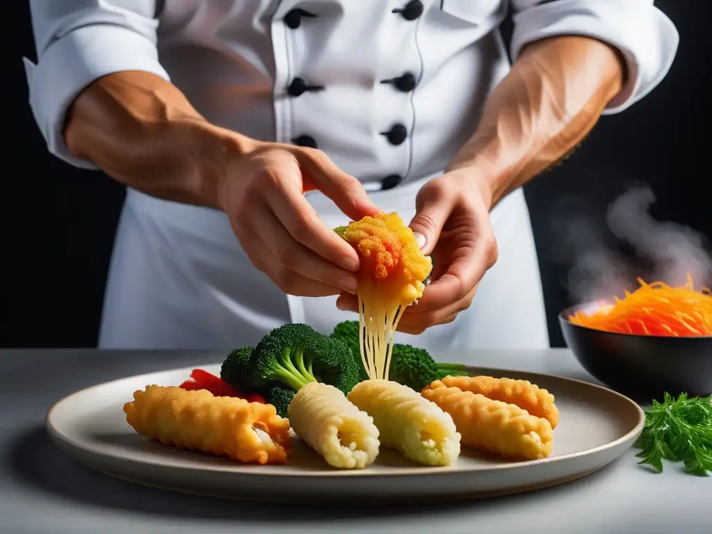 Un chef sumerge hábilmente verduras coloridas en una masa ligera, creando una tempura vegana perfecta