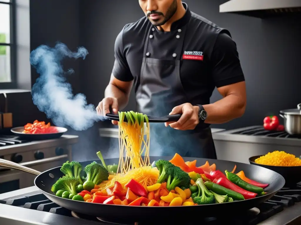 Chef preparando verduras crujientes sabor vegano en sartén con destreza y coloridas texturas