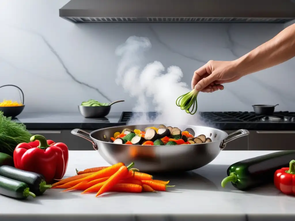 Un chef prepara verduras crujientes sabor vegano en una cocina moderna y vibrante