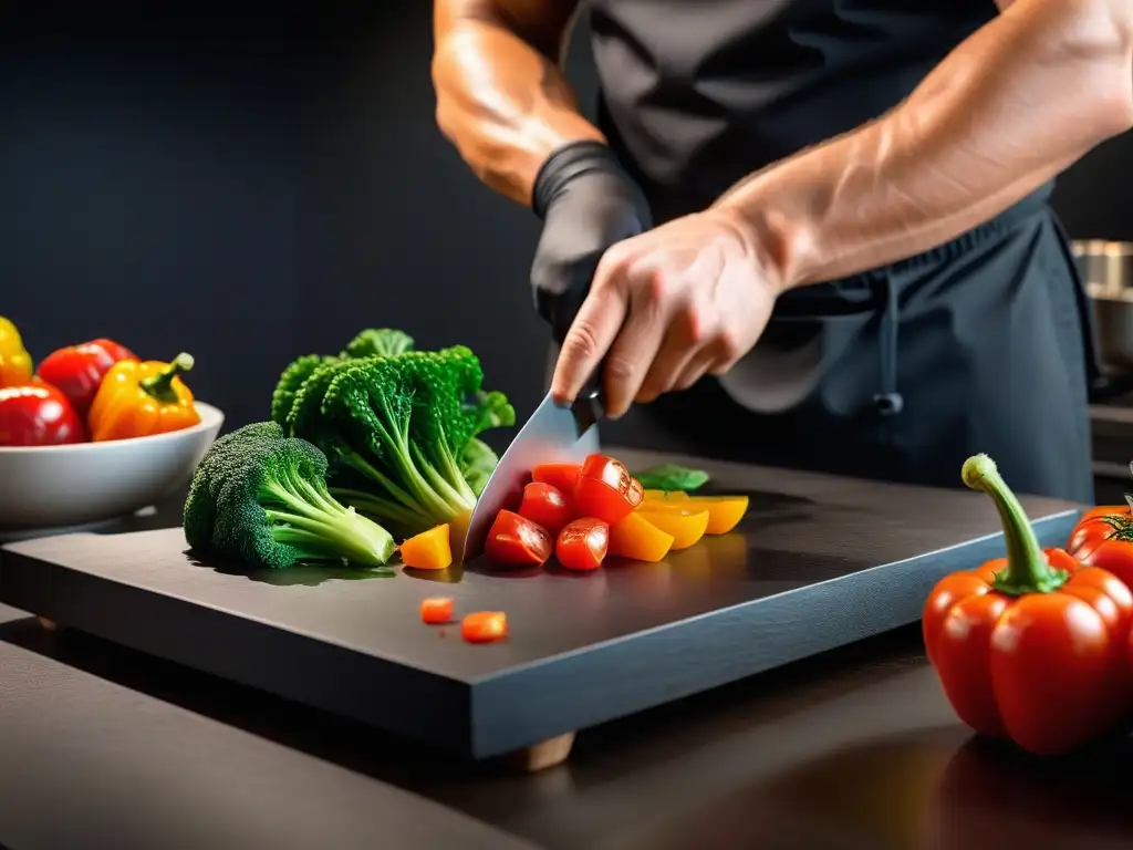 Chef cortando verduras crujientes sabor vegano con destreza en tabla moderna, ambiente fresco y vibrante