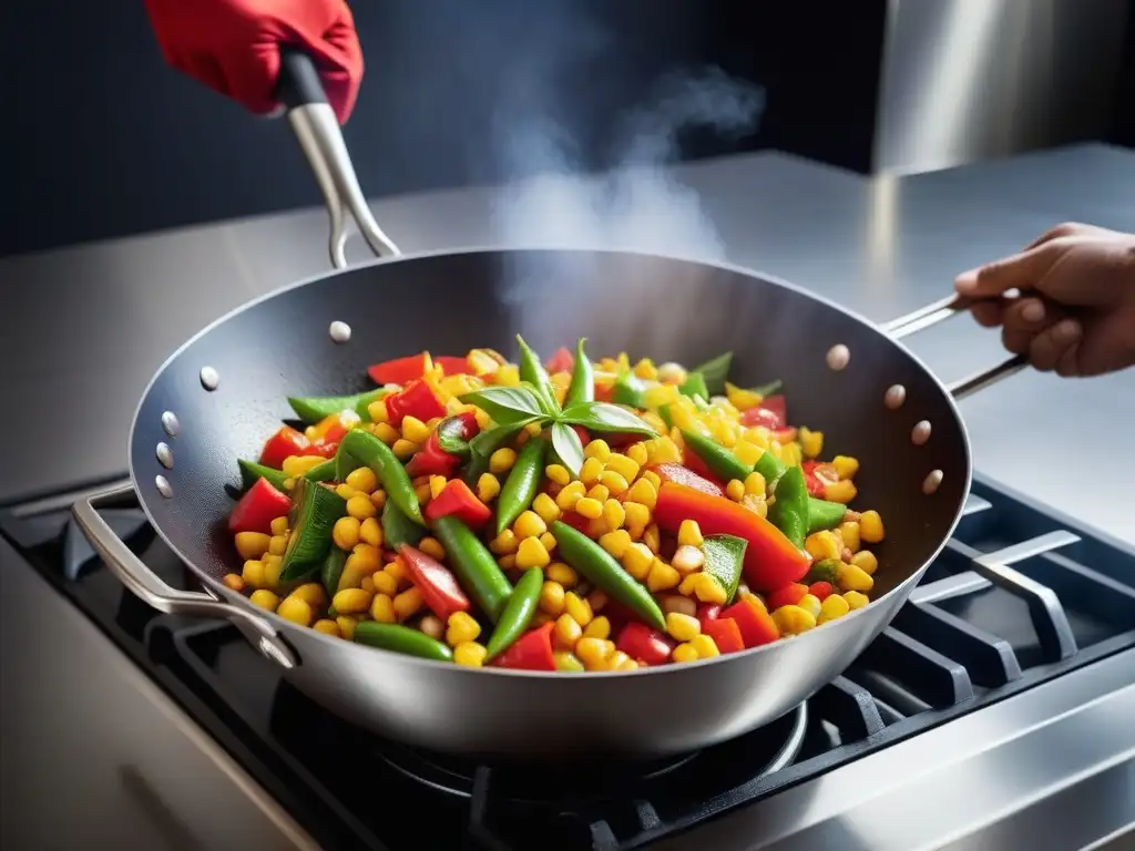 Un chef mezcla habilidosamente verduras crujientes en un wok, creando un plato vegano vibrante