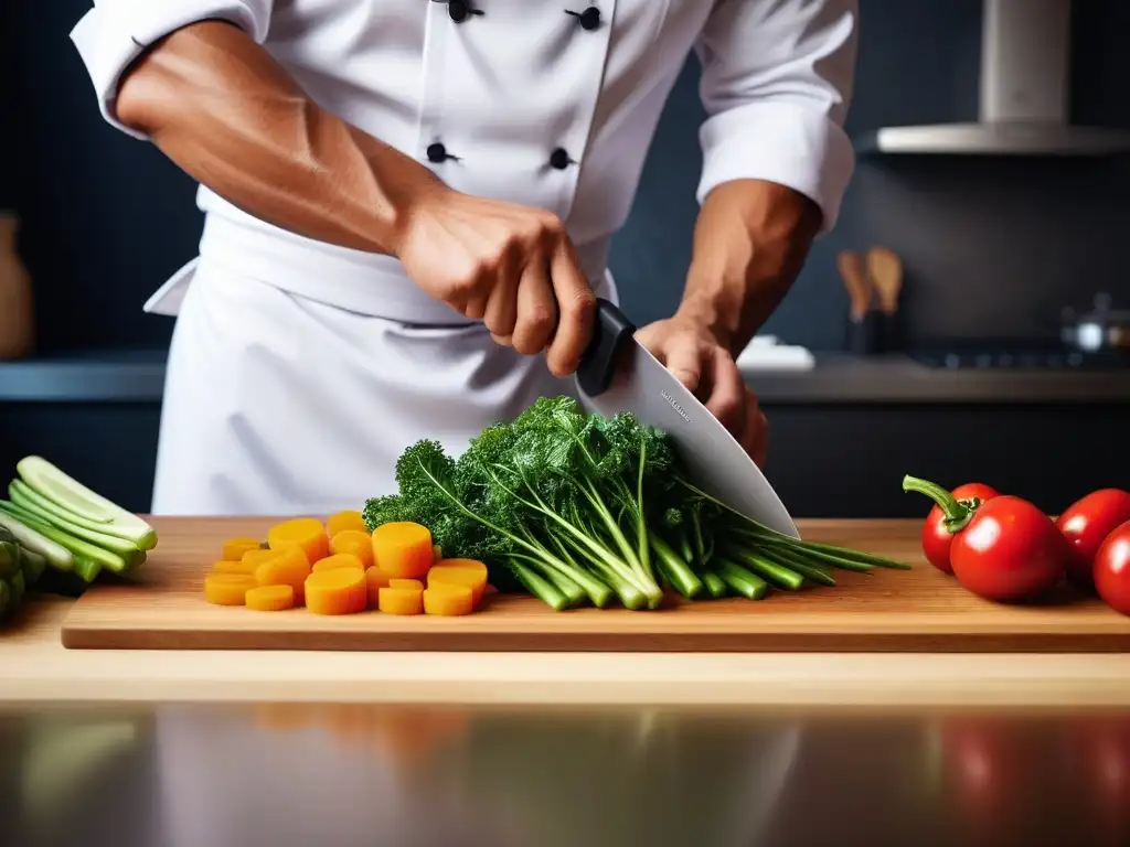 Un chef cortando verduras con precisión en una cocina minimalista