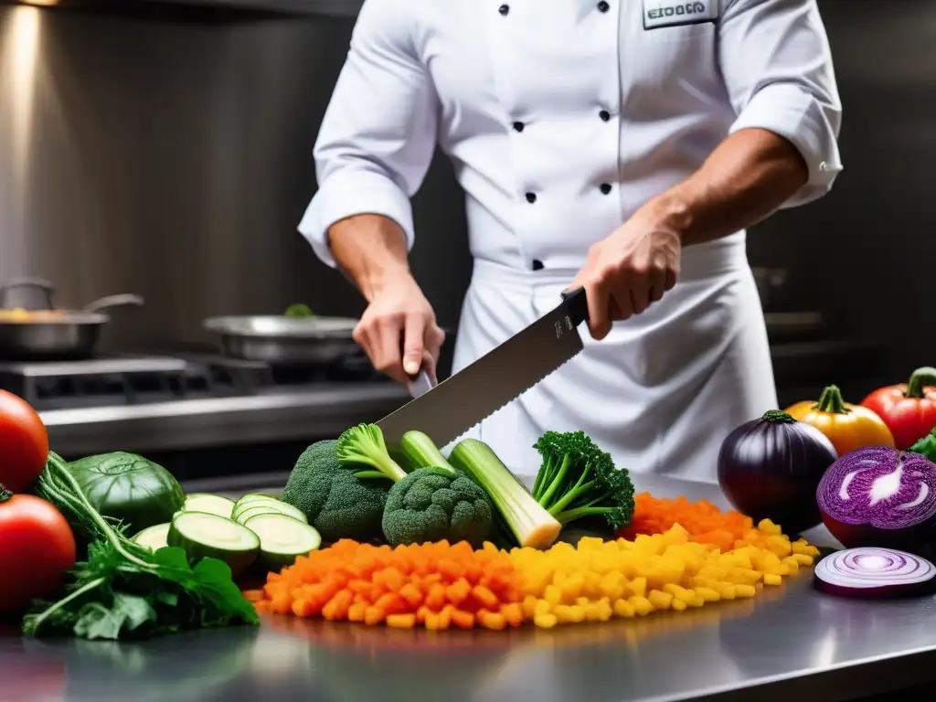 Un chef cortando verduras con precisión, mostrando técnicas innovadoras cocina vegana en una cocina moderna y vibrante