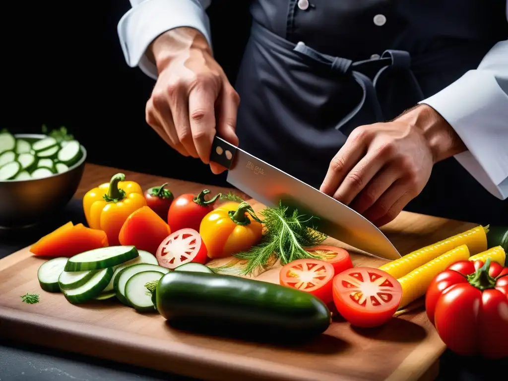 Un chef cortando verduras con técnicas expertas para cocina vegana