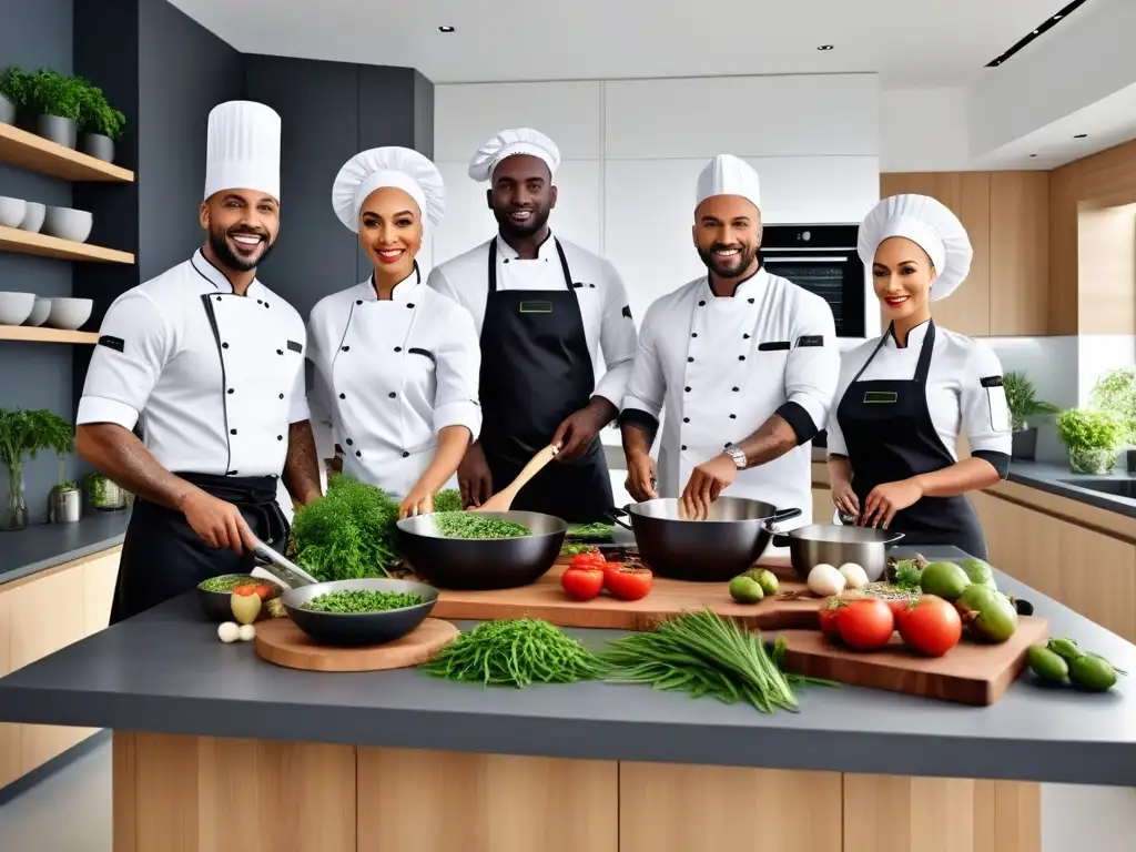 Chefs africanos líderes en cocina vegana preparando platos innovadores en una cocina moderna y elegante