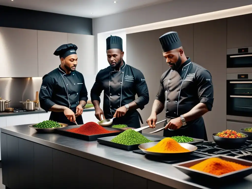 Chefs africanos líderes en cocina vegana preparando platos vibrantes y coloridos con pasión y maestría en una cocina moderna