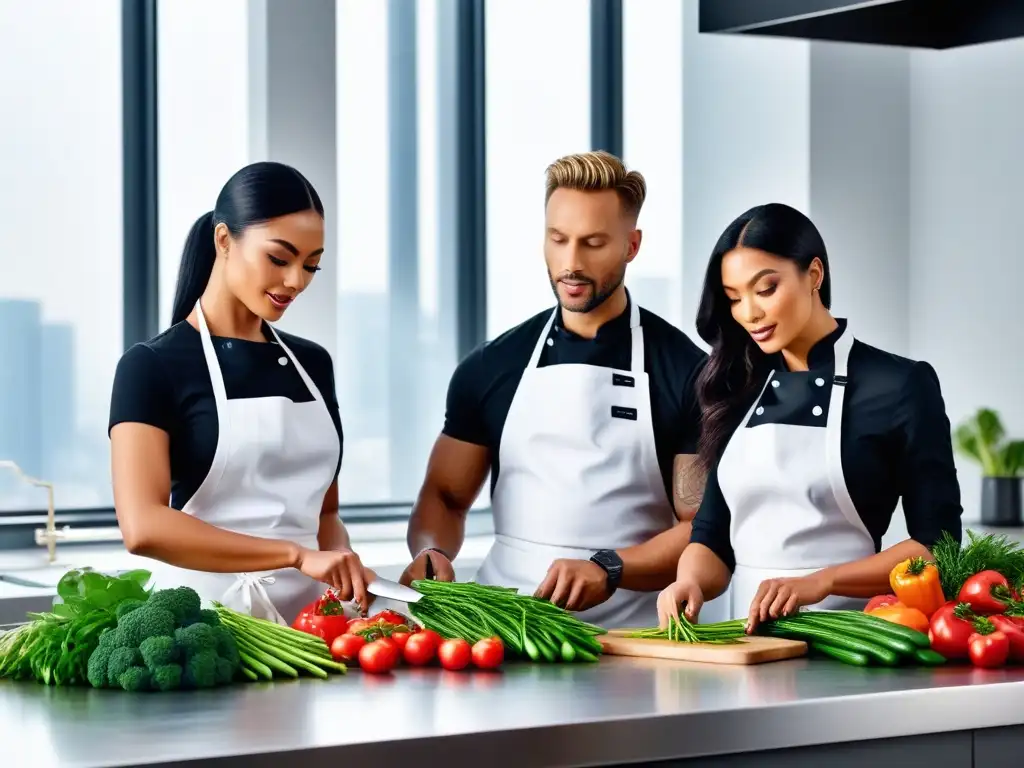 Chefs expertos en cocina vegana sin gluten, cortando vegetales frescos en un estudio de cocina moderno y luminoso