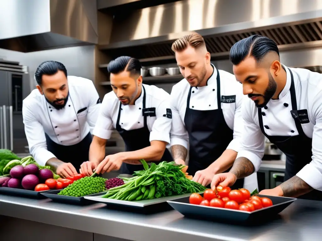 Chefs preparando platillos veganos en cocina moderna y vibrante, rodeados de ingredientes frescos y colaboración