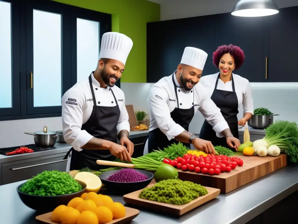 Chefs veganos caribeños destacados preparando deliciosos platillos plantbased en una cocina vibrante y moderna