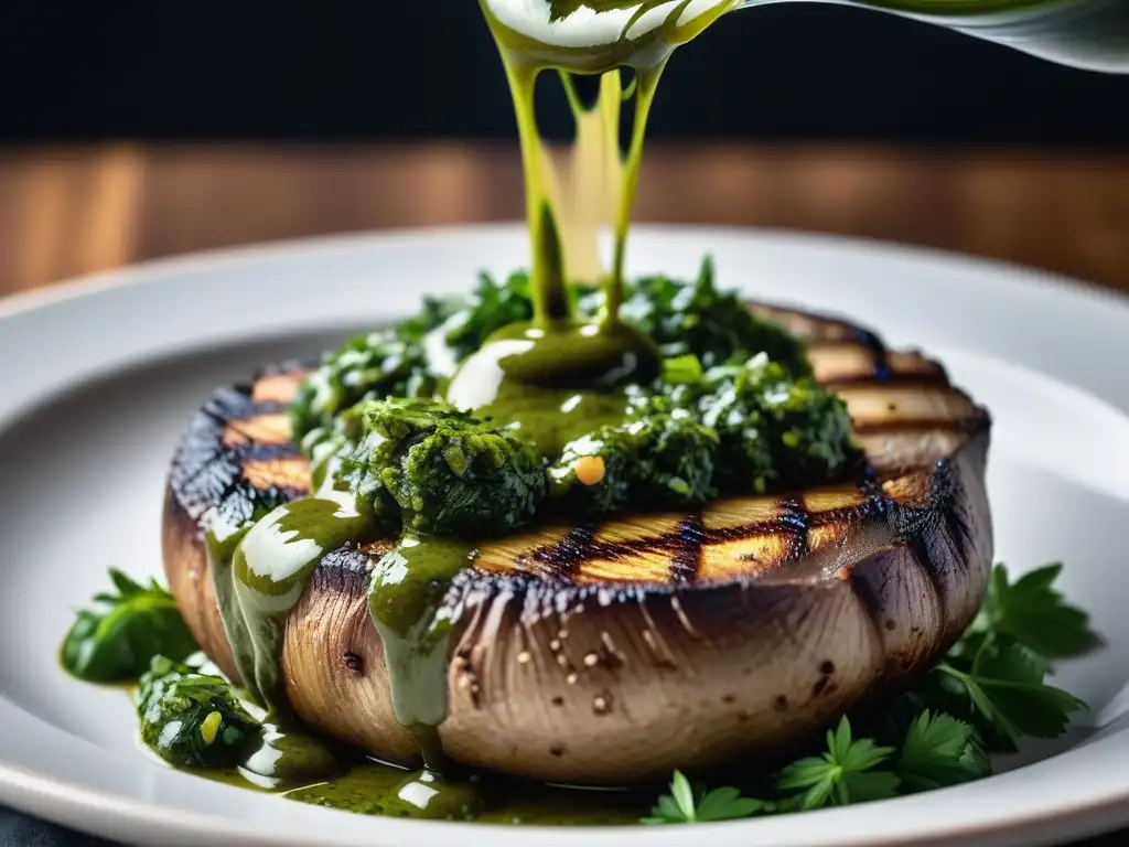 Chimichurri vegano asados: Detalle de salsa verde vibrante cayendo sobre hongo portobello a la parrilla, resaltando frescura y textura