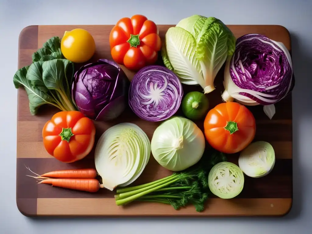 Chucrut vegano receta fermentada: Variedad de verduras frescas cortadas sobre tabla de madera, listas para fermentar