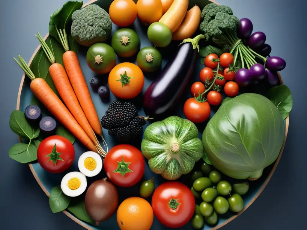Un círculo de frutas y verduras vibrantes, fuentes de vitamina B12 para veganos, detalladas y frescas