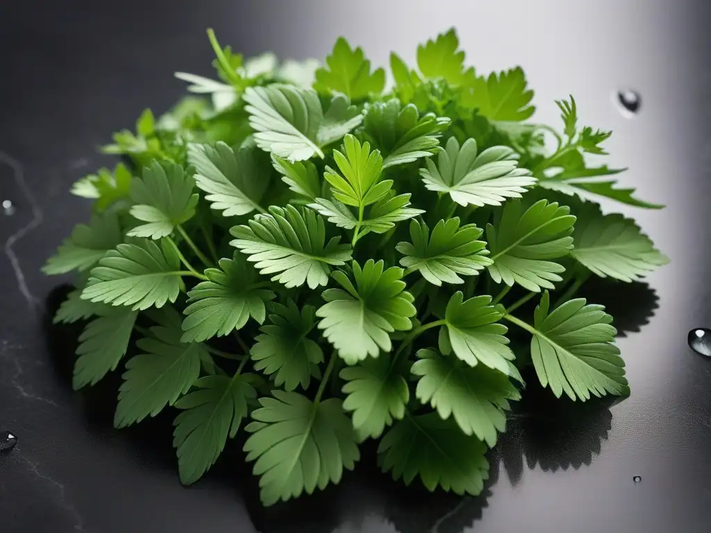 Un círculo perfecto de hojas de cilantro brillantes en una encimera de mármol, destacando la frescura del cilantro en cocina vegana latina