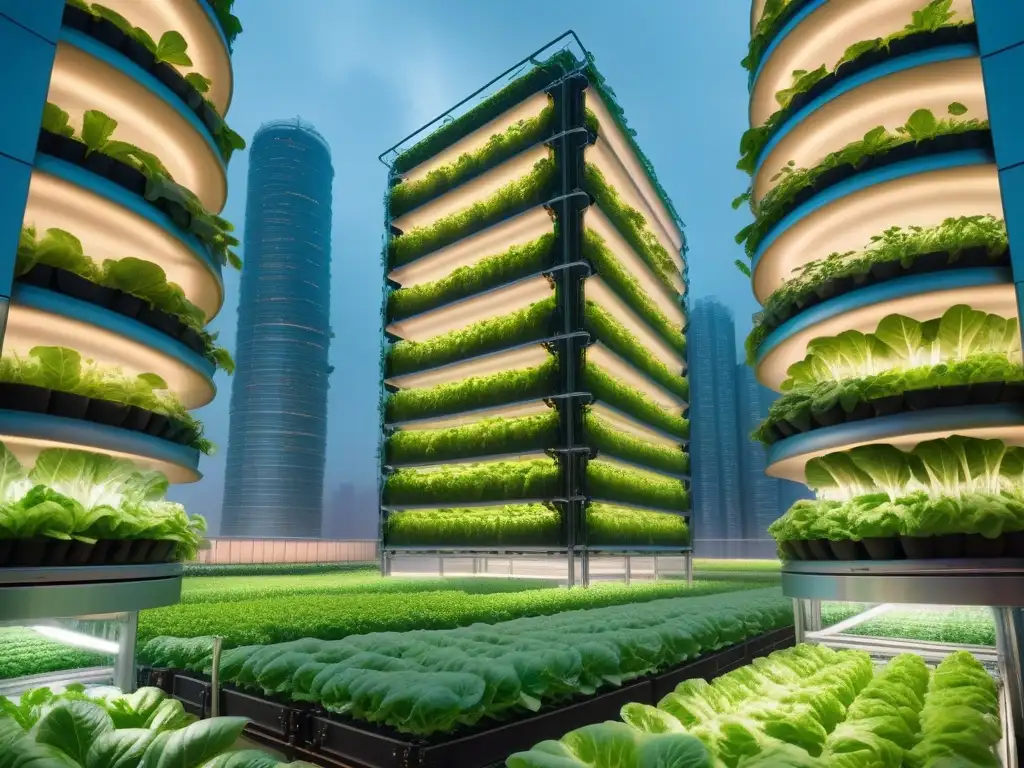 Una ciudad futurista con granjas verticales llenas de vegetación, drones y tecnología, reflejando la innovación en agricultura vertical alimentos veganos