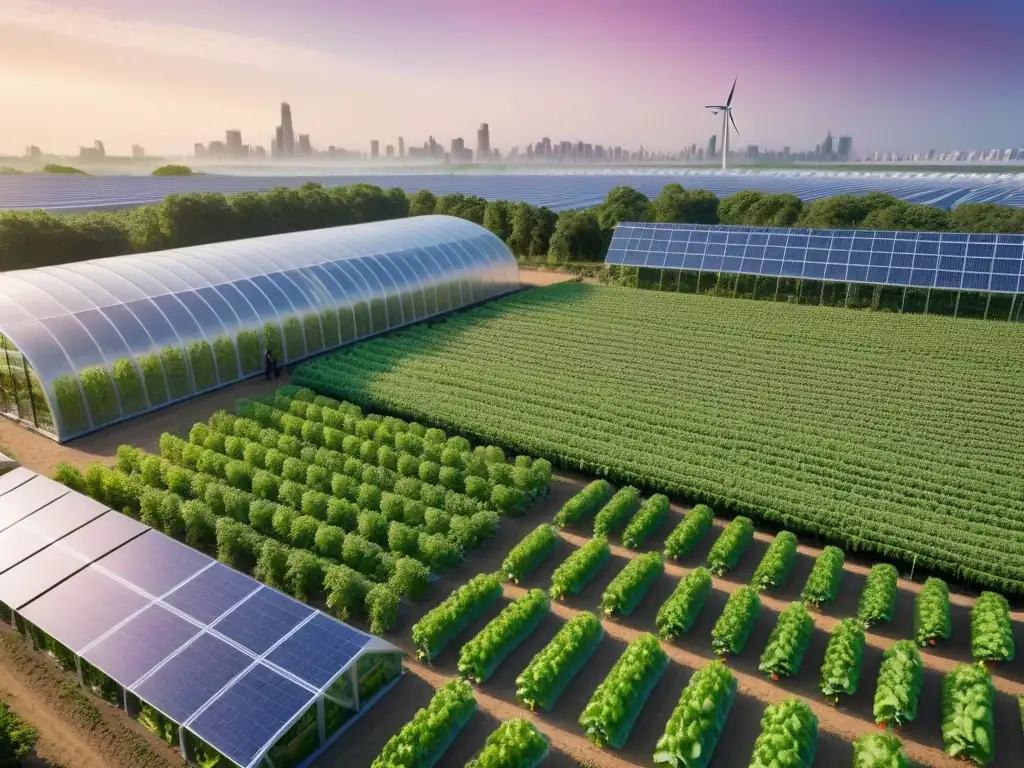 Una ciudad futurista con rascacielos de invernaderos llenos de frutas y verduras, energía renovable y agricultura urbana sostenible