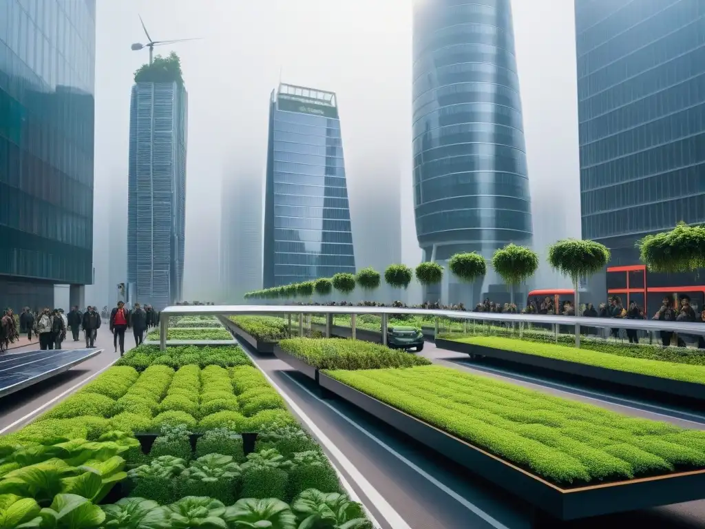 Una ciudad futurista con rascacielos sostenibles y vegetación, simbolizando el veganismo y tecnologías verdes