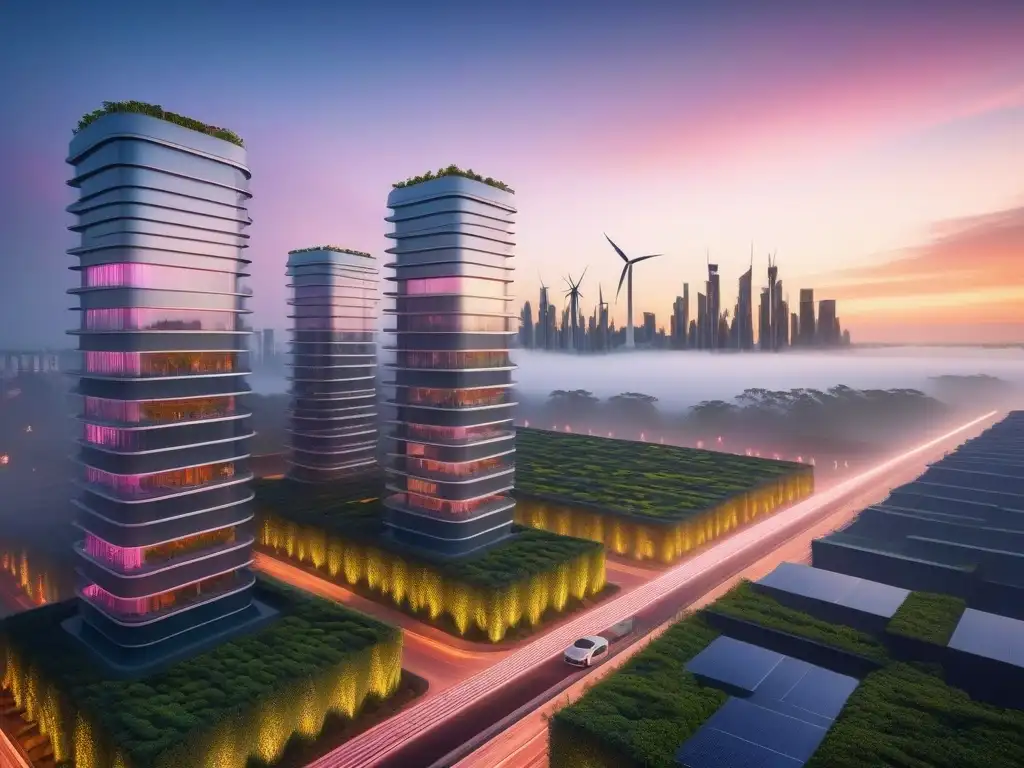 Una ciudad futurista sostenible al atardecer, con rascacielos ecoamigables y jardines verticales