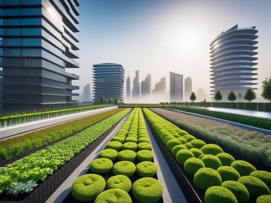 Ciudad futurista y sostenible con edificios energéticamente eficientes, integrados con la naturaleza