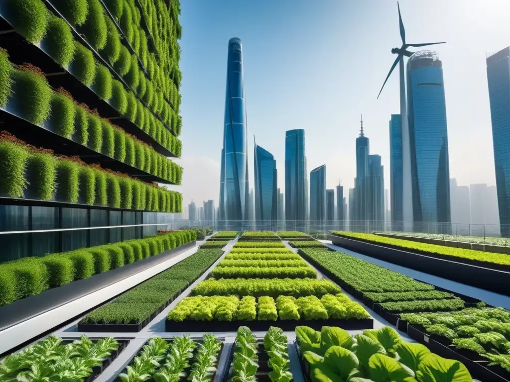 Una ciudad futurista con tecnología verde integrada, como jardines verticales y paneles solares