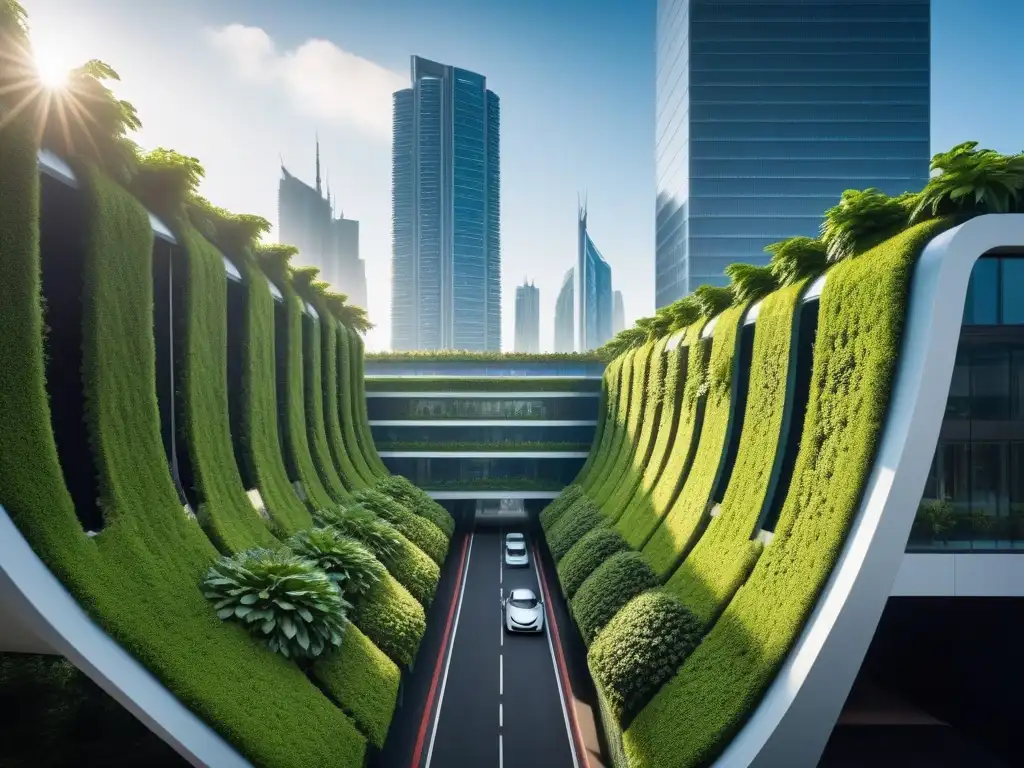 Una ciudad futurista vegana con jardines verticales, paneles solares y autos eléctricos, simbolizando un mundo sostenible