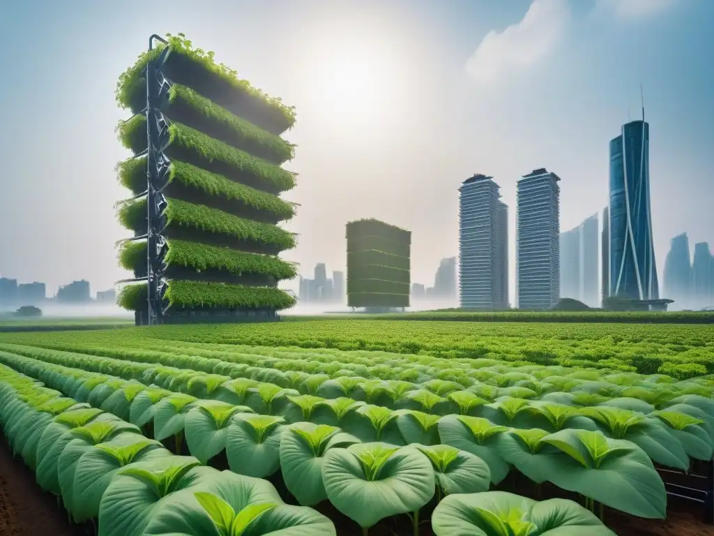 Una ciudad futurista vibrante con granjas verticales, paneles solares y turbinas eólicas, simbolizando proteínas vegetales revolucionarias veganas