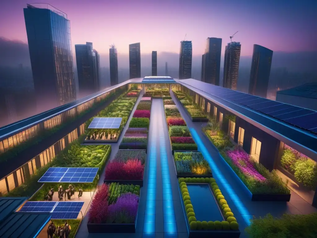 Una ciudad futurista y vibrante con rascacielos de materiales vegetales, jardines en azoteas y energía renovable, rodeada de naturaleza