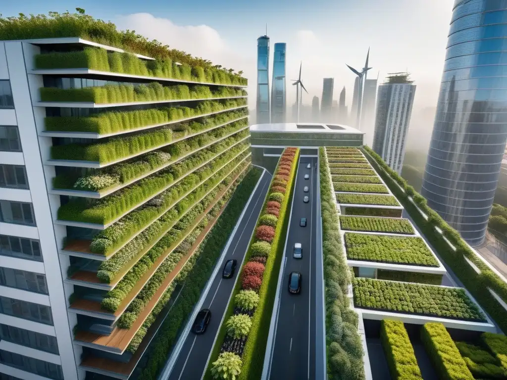 Una ciudad futurista vibrante con rascacielos verdes y sostenibles, reflejando armonía entre urbanismo y naturaleza