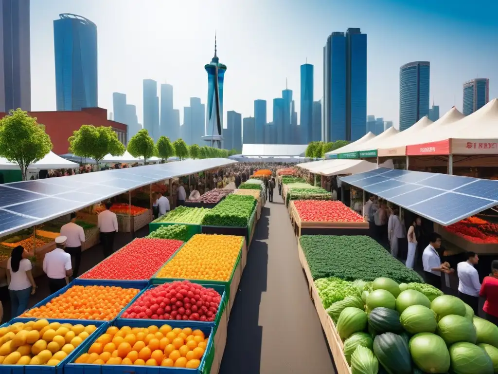 Una ciudad futurista vibrante y sostenible construida con frutas y verduras, donde la gente disfruta de un mercado de agricultores