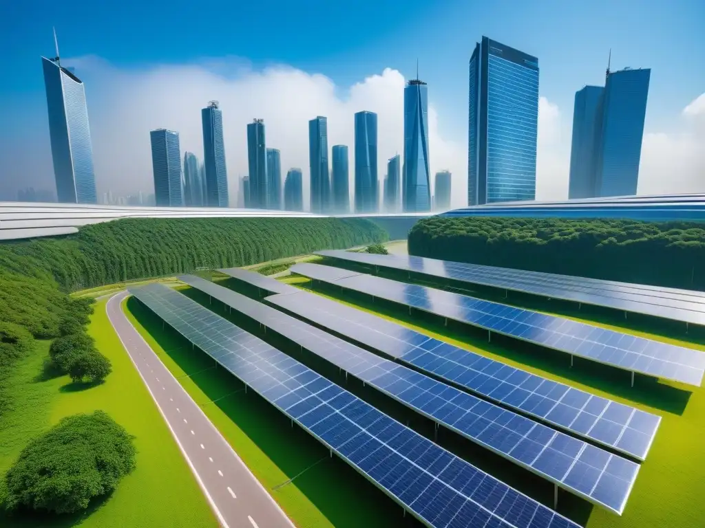 Una ciudad futurista vibrante y sostenible con rascacielos verdes y paneles solares, reflejando el veganismo como solución sostenible