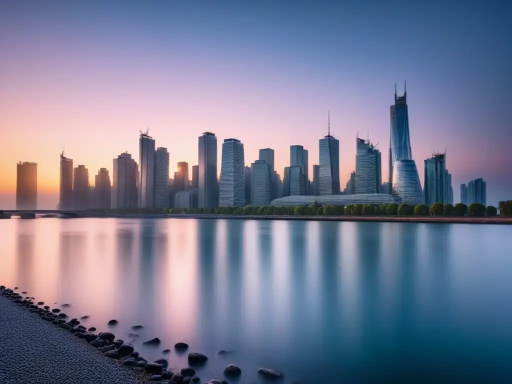 Una ciudad moderna y vibrante al atardecer, con rascacielos reflectantes bajo el sol, en una metrópolis dinámica