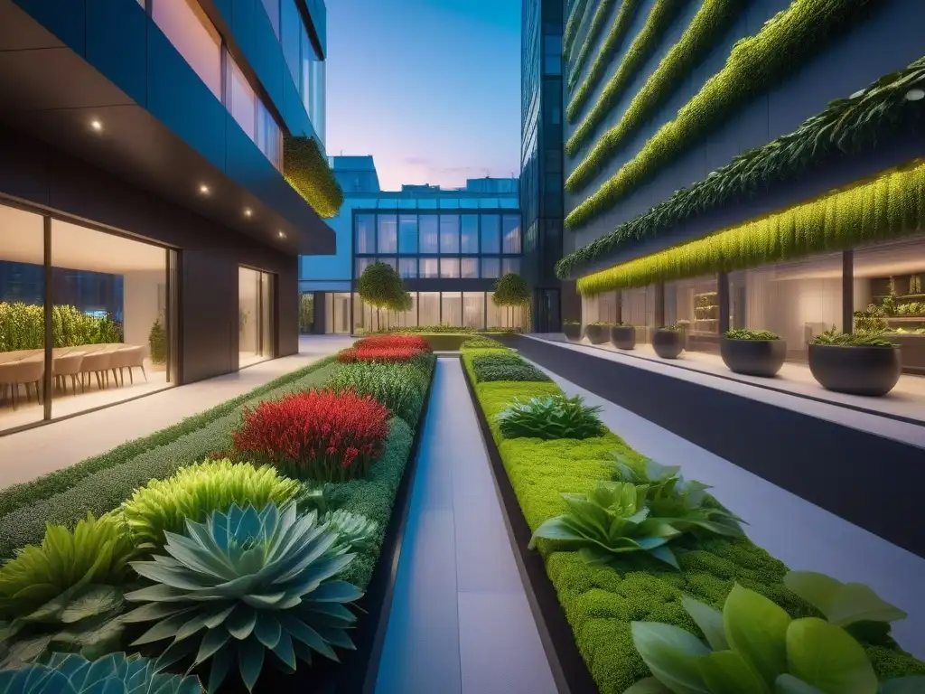 Una ciudad sostenible al anochecer con edificios futuristas iluminados por luces LED, calles llenas de vida, jardines verticales y paneles solares, reflejando la armonía entre desarrollo urbano y conciencia ambiental