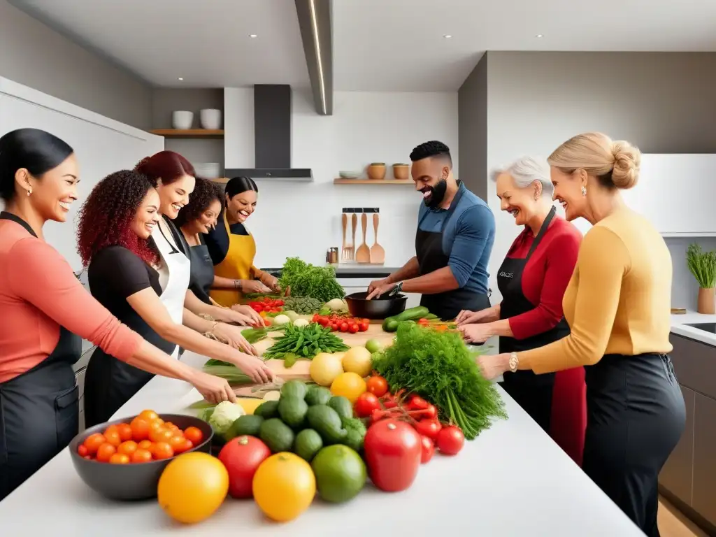 Fotografía de una clase de cocina inclusiva y alegre, con personas de diversas edades y fondos, en un ambiente moderno y vibrante