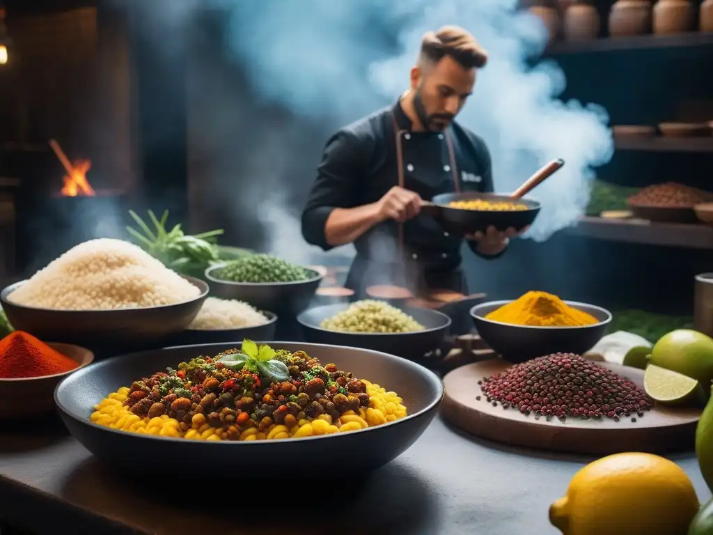 Una clase de cocina vegana del sudeste asiático, fusionando sabores y técnicas en un mercado bullicioso