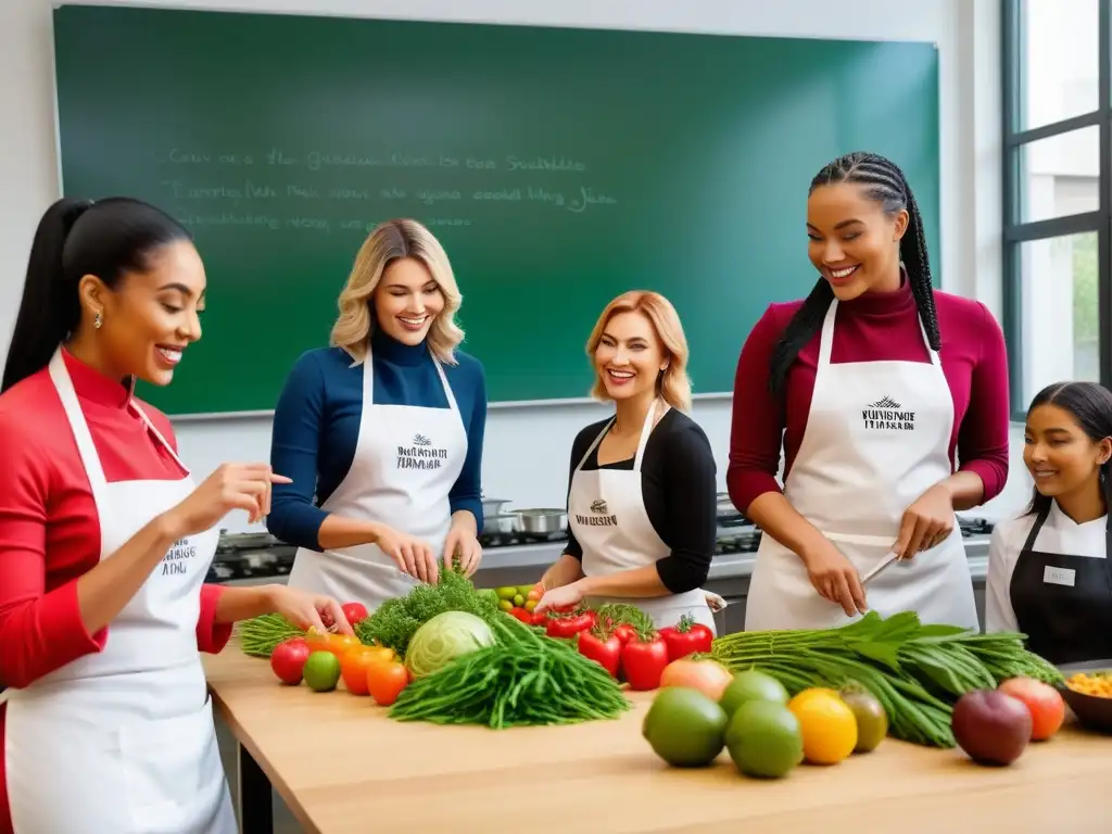 Clase vibrante de educación vegana en escuelas: estudiantes felices aprenden cocina vegana rodeados de frutas y verduras coloridas