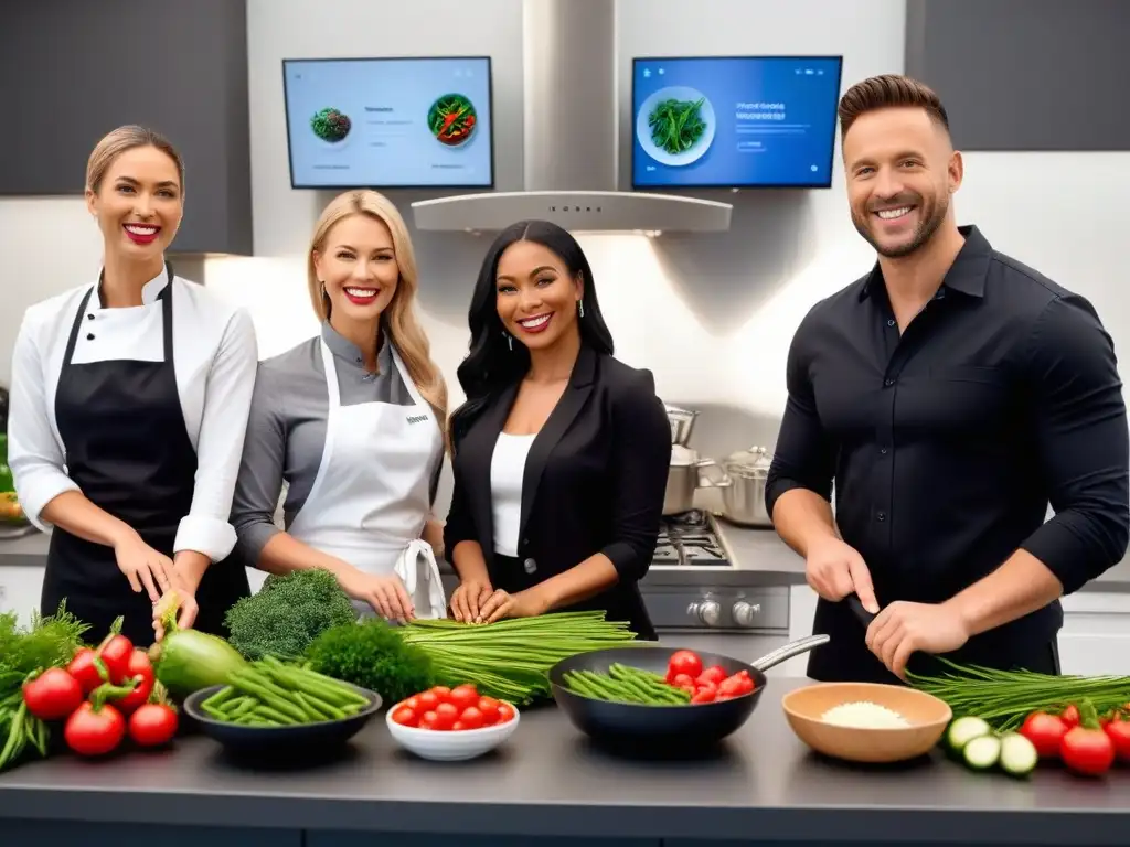 Una clase virtual de cocina vegana con estudiantes sonrientes en estaciones individuales, verduras frescas y utensilios coloridos