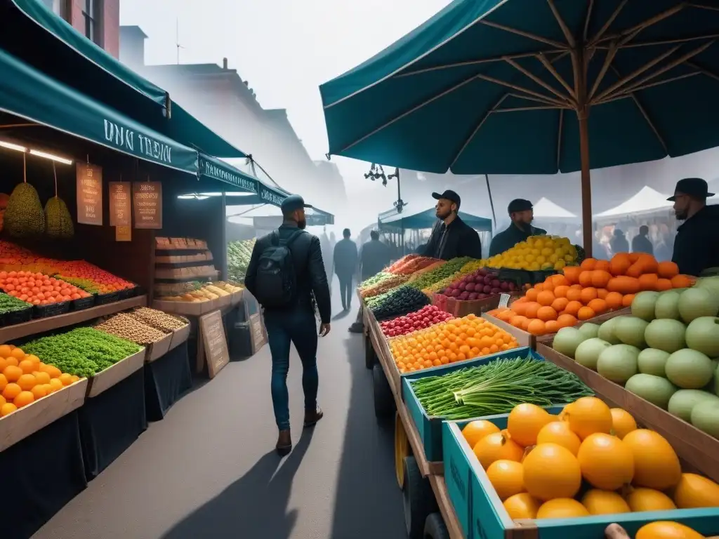 Clientes de todas las edades disfrutan de los productos innovadores de un emprendedor vegano en un mercado tradicional lleno de colores y energía