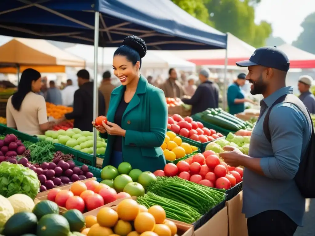 Clientes felices comprando en un animado mercado de agricultores, lleno de frutas y verduras coloridas