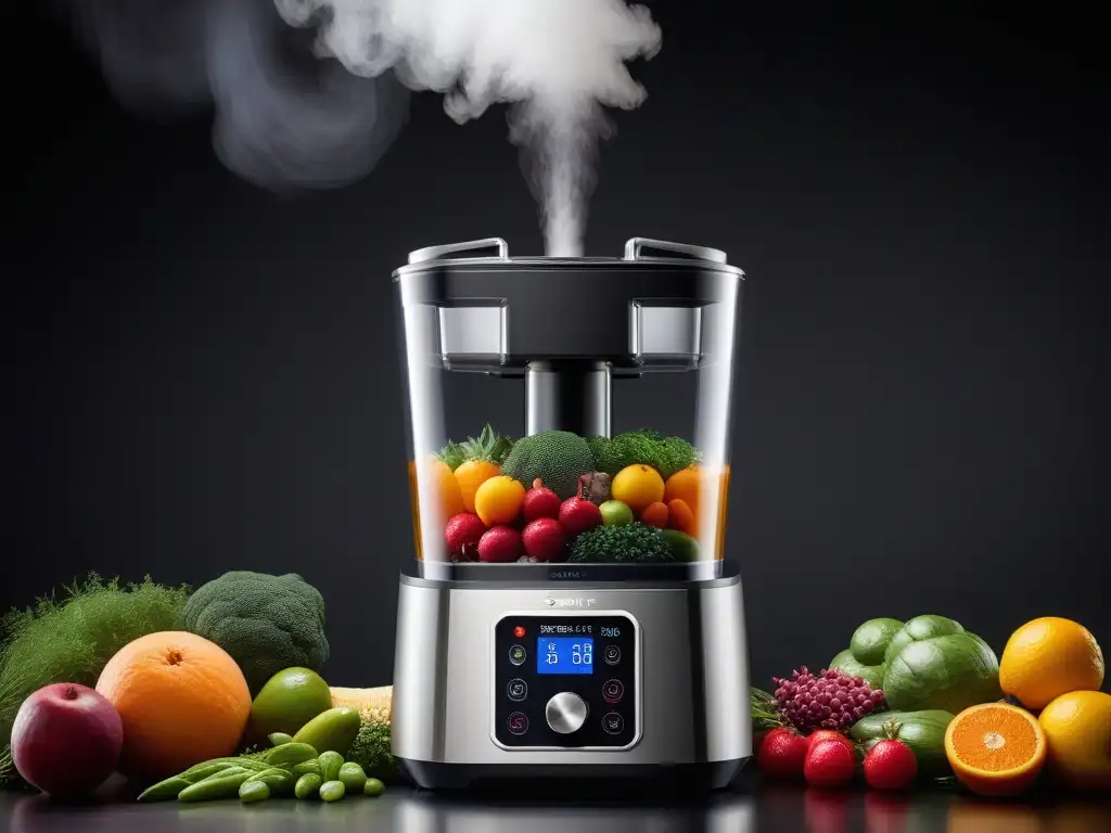 Cocción de baja temperatura de frutas y verduras en moderna máquina sous vide, resaltando frescura y tecnología