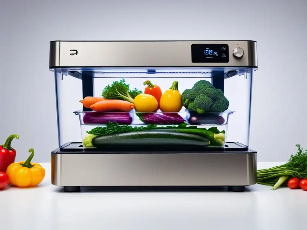 Cocción baja temperatura recetas veganas: Detalle de máquina sous vide con verduras coloridas en bolsas al vacío en baño de agua